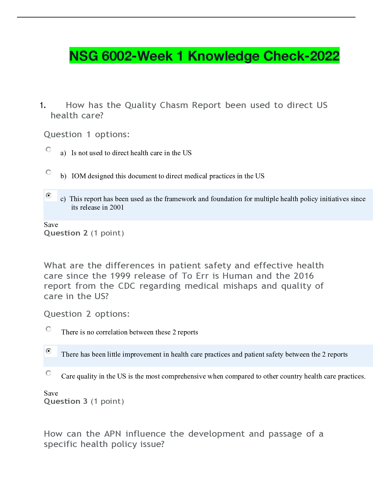 Preview of NSG 6002-Week 1 Knowledge Check-2022